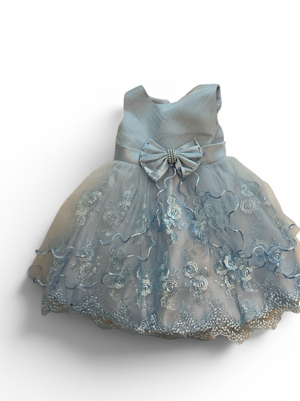 New WOT Light Blue Embroidered Tulle Party Dress with Decorative Bow